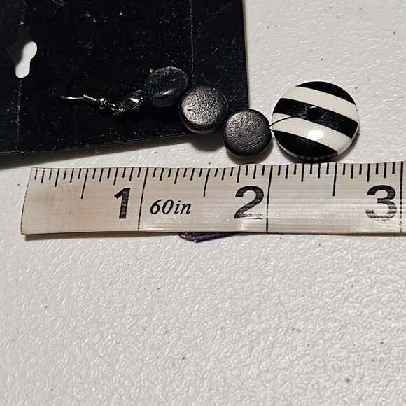 Retro Black White Striped Disc Drop Earrings Statement Evening Fashion Jewelry - Picture 5 of 5